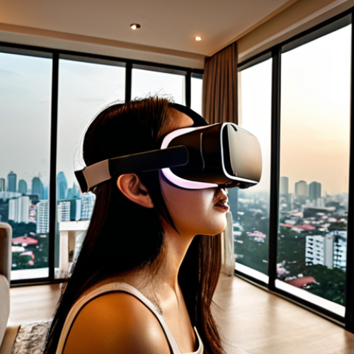 **Modern Bangkok condo interior, VR headset user exploring property, cityscape view, warm lighting.** (Focus: Technology in real estate marketing)