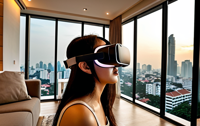 **Modern Bangkok condo interior, VR headset user exploring property, cityscape view, warm lighting.** (Focus: Technology in real estate marketing)