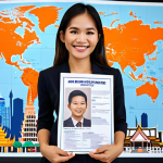 **

A confident Thai real estate agent, holding a Thai real estate license, stands in front of a world map highlighting ASEAN countries, the USA, the UK, and Australia. The agent is smiling, with a background featuring modern Bangkok architecture blending into iconic global city skylines. The overall tone is aspirational and successful.

**