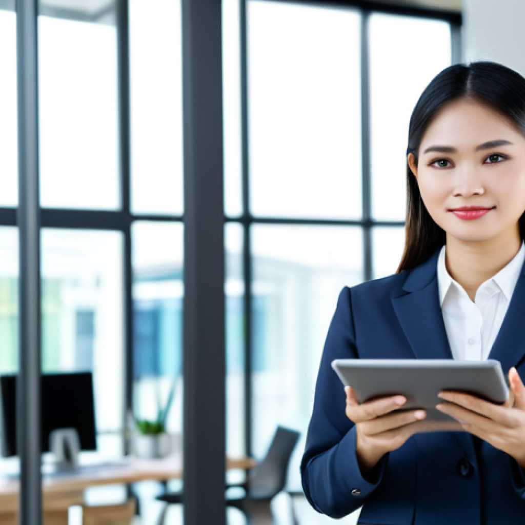 A professional female Thai real estate agent, fully clothed in modest business attire, standing confidently in a modern, well-lit office interior. She is holding a tablet, subtly indicating digital real estate tools for a virtual property tour. The background shows blurred contemporary office elements or a stylish home interior. perfect anatomy, correct proportions, natural pose, well-formed hands, proper finger count, natural body proportions, safe for work, appropriate content, fully clothed, professional, high-quality photography, realistic, natural lighting.
