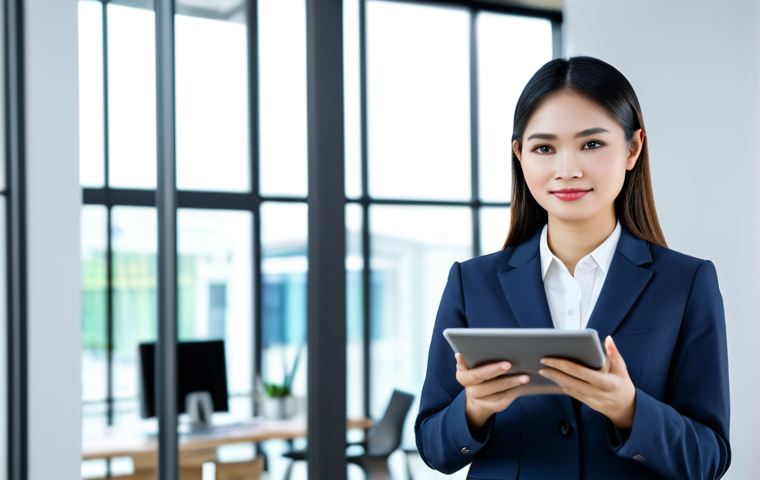 A professional female Thai real estate agent, fully clothed in modest business attire, standing confidently in a modern, well-lit office interior. She is holding a tablet, subtly indicating digital real estate tools for a virtual property tour. The background shows blurred contemporary office elements or a stylish home interior. perfect anatomy, correct proportions, natural pose, well-formed hands, proper finger count, natural body proportions, safe for work, appropriate content, fully clothed, professional, high-quality photography, realistic, natural lighting.