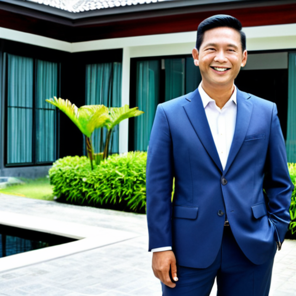 **

"A confident real estate agent, fully clothed in appropriate professional attire (perhaps a modern Thai-style business suit), smiling warmly while standing in front of a modern house in Bangkok. The background features lush tropical greenery and clear blue skies. Perfect anatomy, correct proportions, natural pose, well-formed hands, proper finger count, natural body proportions. Safe for work, appropriate content, fully clothed, professional, modest, family-friendly, high quality."

**