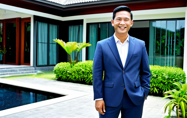**

"A confident real estate agent, fully clothed in appropriate professional attire (perhaps a modern Thai-style business suit), smiling warmly while standing in front of a modern house in Bangkok. The background features lush tropical greenery and clear blue skies. Perfect anatomy, correct proportions, natural pose, well-formed hands, proper finger count, natural body proportions. Safe for work, appropriate content, fully clothed, professional, modest, family-friendly, high quality."

**