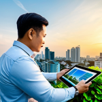 **

"A bustling Bangkok cityscape at sunset, showcasing modern high-rise condominiums with rooftop gardens and solar panels. Digital overlays display property values and investment opportunities. Professional real estate agents in smart casual attire interact with potential buyers using tablets. Emphasis on sustainable living and smart home technology. Safe for work, appropriate content, fully clothed, professional, family-friendly, perfect anatomy, natural proportions, high quality."

**