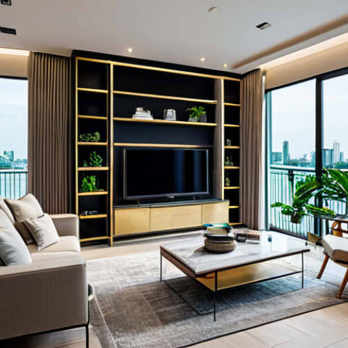 Prompt 1: A modern condominium unit in Bangkok, Thailand, featuring a smart home system and a panoramic view of the Chao Phraya River, fully furnished, with tropical plants, natural lighting, professional interior design, safe for work, appropriate content, fully clothed.