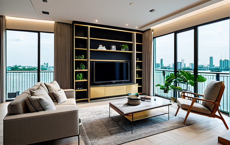 Prompt 1: A modern condominium unit in Bangkok, Thailand, featuring a smart home system and a panoramic view of the Chao Phraya River, fully furnished, with tropical plants, natural lighting, professional interior design, safe for work, appropriate content, fully clothed.