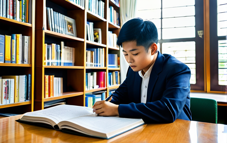 **

"A Thai student in a library, surrounded by textbooks on real estate law and property valuation. They are actively studying with highlighters and notes. Sunlight streams through the window, illuminating the scene. The atmosphere is studious and hopeful. Focus on detail and accuracy in the textbooks and surroundings. 'Safe for work', 'appropriate content', 'fully clothed', 'professional', 'modest', 'perfect anatomy', 'correct proportions', 'natural pose'."

**