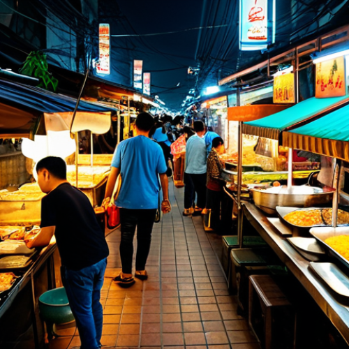 **

A vibrant and bustling street food market in Bangkok at night. Numerous food stalls with steaming dishes, colorful signs in Thai script, and friendly vendors. Customers are enjoying a variety of Thai street food like Pad Thai and mango sticky rice. Golden light from the stalls illuminates the scene. Incorporate traditional Thai patterns and motifs in the background. Photorealistic, high detail, 8K.

**