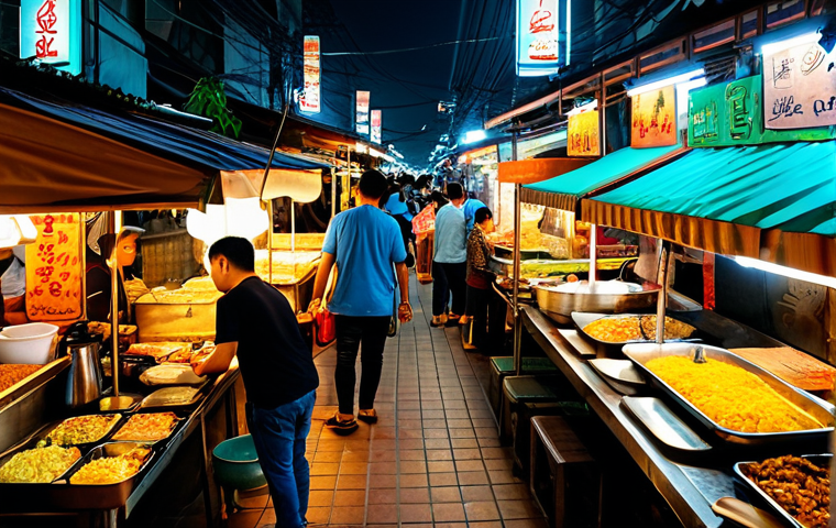 **

A vibrant and bustling street food market in Bangkok at night. Numerous food stalls with steaming dishes, colorful signs in Thai script, and friendly vendors. Customers are enjoying a variety of Thai street food like Pad Thai and mango sticky rice. Golden light from the stalls illuminates the scene. Incorporate traditional Thai patterns and motifs in the background. Photorealistic, high detail, 8K.

**